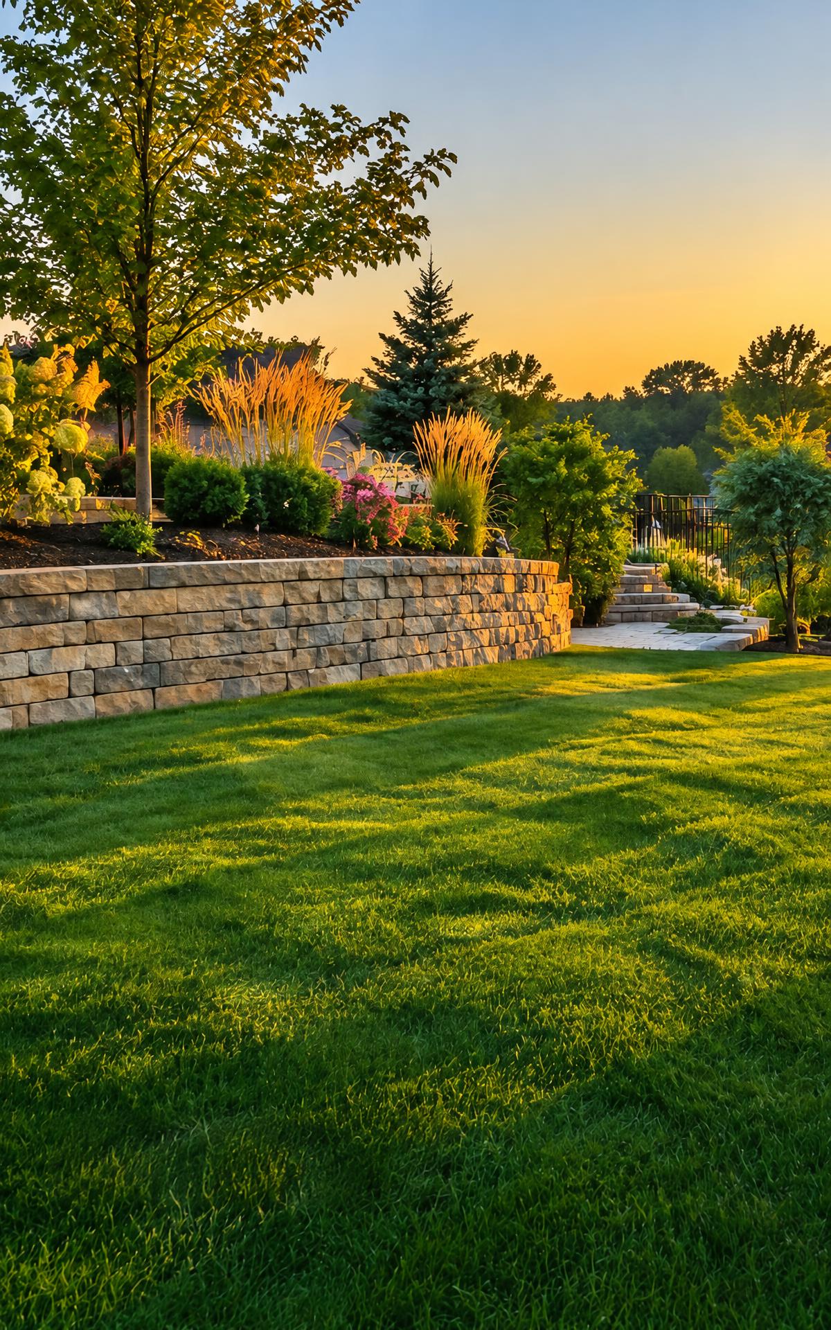 Landscaped backyard with stone retaining wall and fresh sod